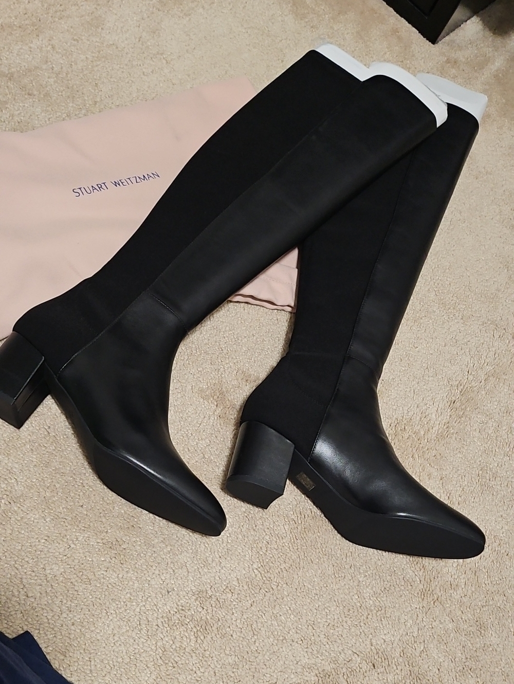 Stuart Weitzman Black Leather & Stretch 50/50 Block Heel Boots 7 NEW